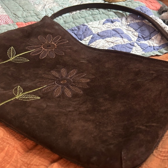 Floral Embroidered Brown Suede Shoulder Bag - Picture 5 of 5